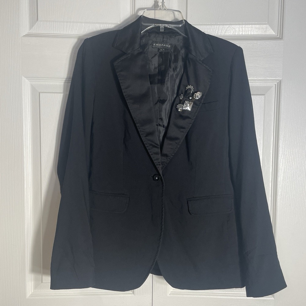 Vintage Rampage Tuxedo Blazer‎ Womens M Black Y2K Embellished Satin Lapel Preppy